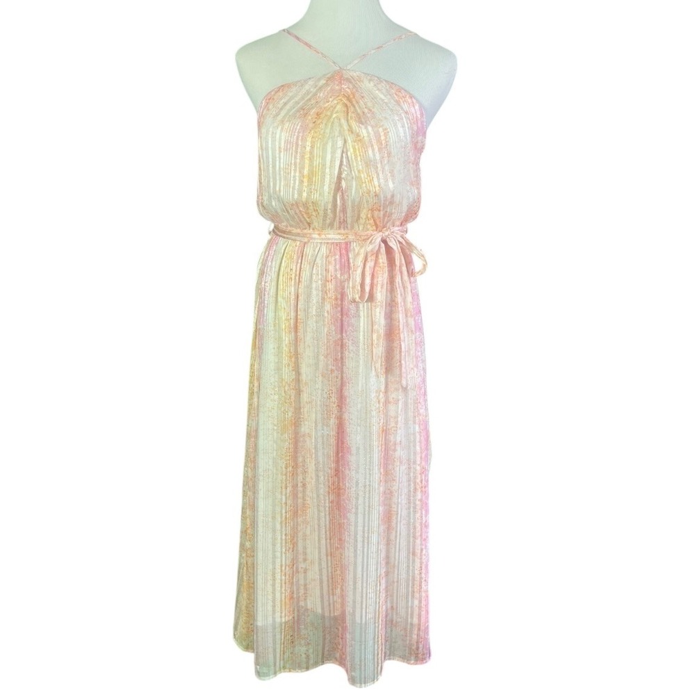 Spring Mercer Pink Orange Metallic Stripe Halter Maxi Dress Womens Medium‎ Boho
